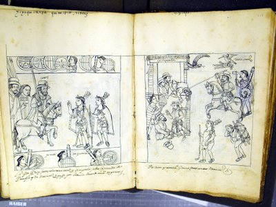Pani Hunter 242 f.257v i f.258r, z „Historia de Tlaxcala” Diego Munoza Camargo (pióro i atrament na papierze) autorstwa Mexican School