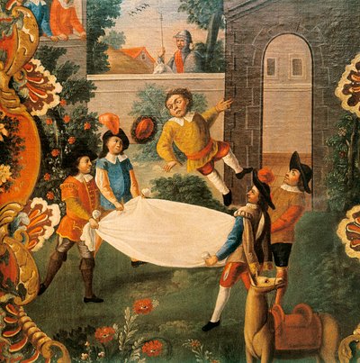 Scena z Don Kichota z kanału (El ingenioso Hidalgo Don Kichota z Manchy) Miguela de Cervantesa (1547-1616) XVIII wiek (obraz) autorstwa Mexican School