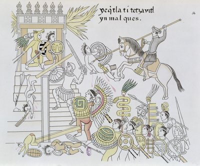 The Burning of the Idols, Hernan Cortes, ilustracja z faksymile historii meksykańskiego Indianina Lienzo de Tlaxcala z ok. 1550, 1892 (kolorowa grawerunek) autorstwa Mexican School