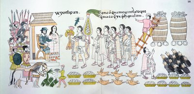 Wódz Tlaxcalan, Maxixcatzin, wręcza Hernando Cortesowi (1485-1547) bukiet róż i inne prezenty na powitanie, ilustracja z faksymile historii obrazów Indian meksykańskich autorstwa Mexican School