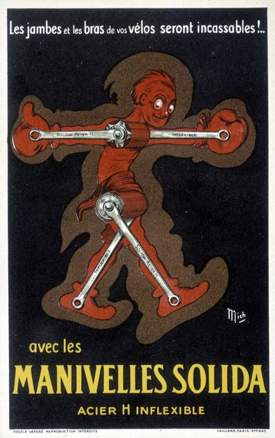 Reklama na korby Velo wykonane z litej stali. Rysunek autorstwa Micha (Michel Liebeaux autorstwa Mich