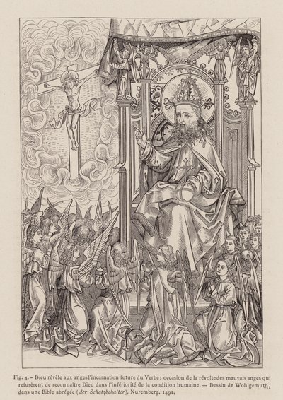 Bóg objawiający aniołom przyszłe wcielenie Słowa (rycina) autorstwa Michael (after) Wolgemut or Wolgemuth