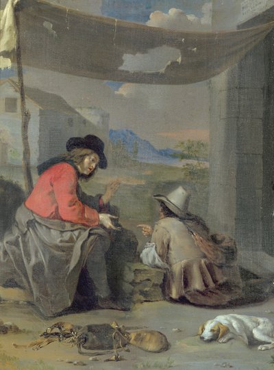 Dwie postacie siedzące z psem (olej na pokładzie) autorstwa Michael (attr. to) Sweerts