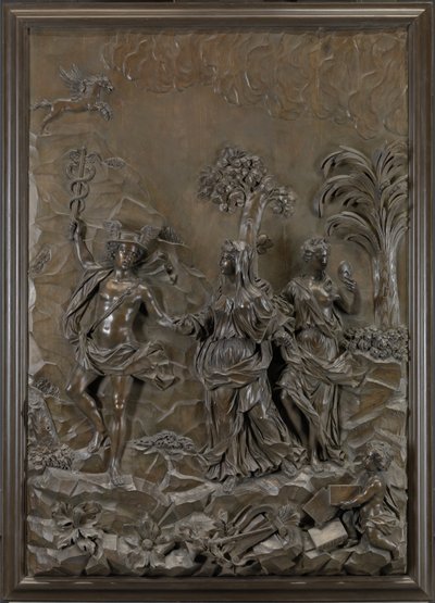 The Stowe Reliefs: Merkury prowadzący tragiczną i komiczną poezję na wzgórze Parnas, ok. 1740 (brązowa lipa) autorstwa Michael (attr.to) Chuke