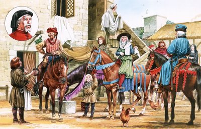 Opowieści kanterberyjskie. Pielgrzymi wyruszający z Tabard Inn. autorstwa Michael Godfrey