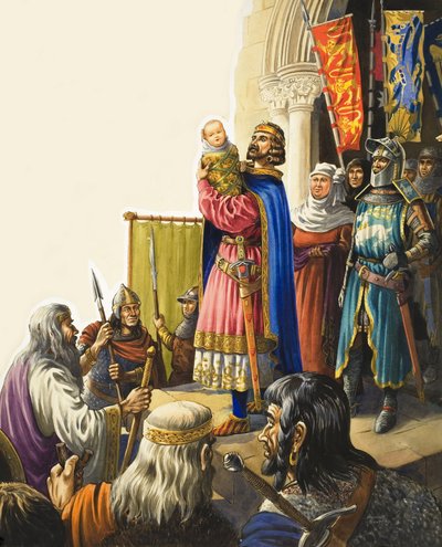 Król Edward I (1239-1307) przedstawia swojego małego syna (gwasz na papierze) autorstwa Michael Godfrey