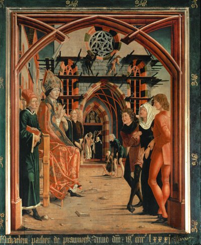 Święty Wolfgang uzdrawia opętaną kobietę, którą do niego przyprowadzono autorstwa Michael Pacher