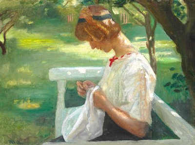 Ella Saxild szyje w ogrodzie w letni dzień. autorstwa Michael Peter Ancher