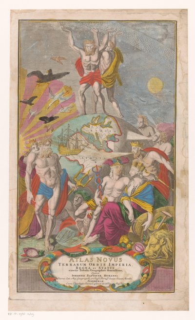 Atlas en Hercules dragen sternerhemel Tytuł strony dla: Johann Baptista Homann, Atlas Novus Terrarum Orbis Imperia, Regna et Status Exacte Tabulis Geographicè Demonstrants, 1729 autorstwa Michael Rössler