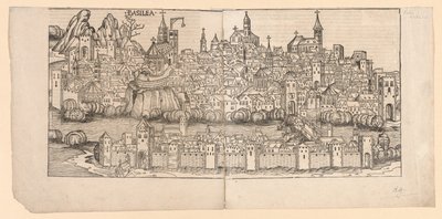 Kronika norymberska: Topographic View of Basele, Szwajcaria, 1493. autorstwa Michael Wolgemut