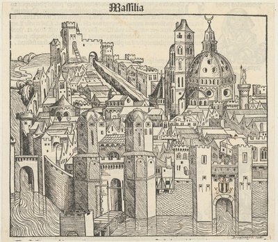 Phantasieansicht der Stadt Marseille [recto], drei Porträts (Phereades, Pythagoras und Sappho) [verso] autorstwa Michael Wolgemut