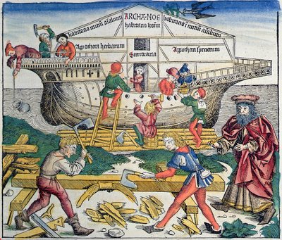 Budowa Arki Noego, z Kroniki Norymberskiej Hartmanna Schedla, 1493 (kolorowy drzeworyt) autorstwa Michael Wolgemut
