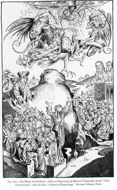The Reign of Antichrist, z Liber Chronicarum, opublikowanego w 1493 roku, ilustracja z, Science and Literature in the Middle Ages and Renaissance, napisana i wyryta przez Paula Lacroix, 1878 (ryc. autorstwa Michael Wolgemut
