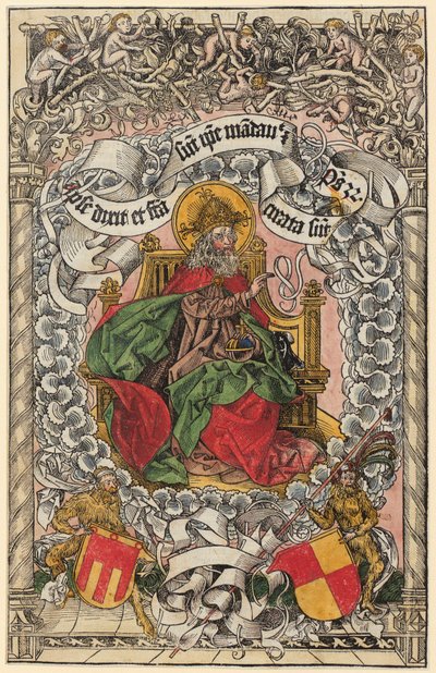 Titelholzschnitt mit Gottvater auf dem himmlischen Thron, die Hand segnend erhoben autorstwa Michael Wolgemut