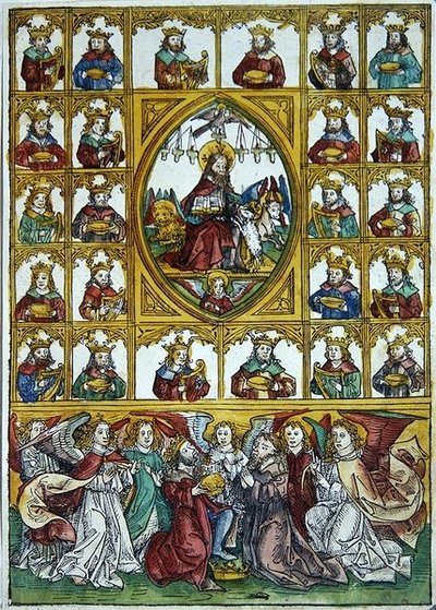 Jezus otoczony Symbolami Czterech Ewangelistów i wieloma królami niosącymi harfy i złote kielichy autorstwa Michael Wolgemut or Wolgemuth