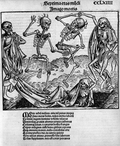 Makabryczna scena taneczna, ze szkieletami, w „Kronikach Norymbergi” Hartmanna Schedla (1440-1514), zredagowanej w Norymberdze przez Antona Kobergera, 12 lipca autorstwa Michael and Pleydenwurff W. (d.1494) Wolgemuth