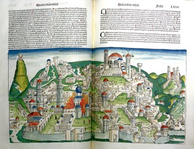 Zbuntowane miasto Jerozolima zniszczone przez cesarza Tytusa, z Kroniki Norymberskiej Hartmanna Schedla (1440-1514) wydrukowanej w 1493 r. autorstwa Michael and Pleydenwurff, W. Wolgemuth