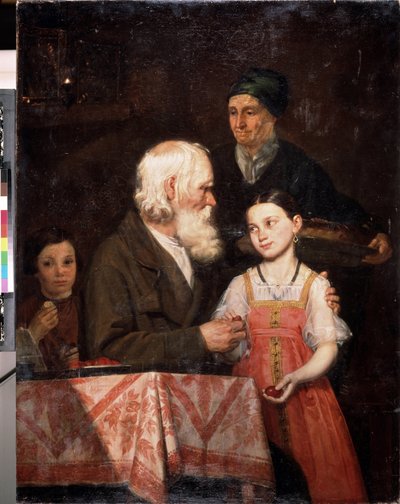 Wielkanoc. Stary człowiek daje wnuczce ufarbowane na czerwono jajka, babcia przynosi tradycyjną brioszkę wielkanocną. Obraz Michail Andreevich Mokhov (1819-1903), olej na płótnie autorstwa Michail Andreevich Mokhov