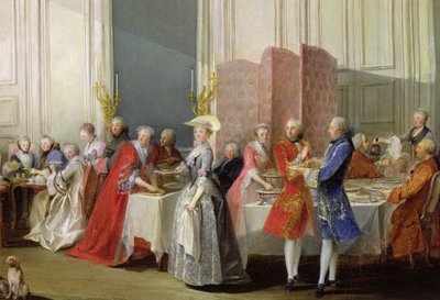 Herbata angielska w Salon des Quatre Glaces w domu księcia de Conti (1717-76) Palais du Temple, szczegóły dotyczące gości, 1766 r. autorstwa Michel Barthelemy Ollivier or Olivier