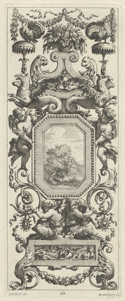 Ozdobny panel zwieńczony koszem kwiatów i girlandą autorstwa Michel Dorigny, after Simon Vouet