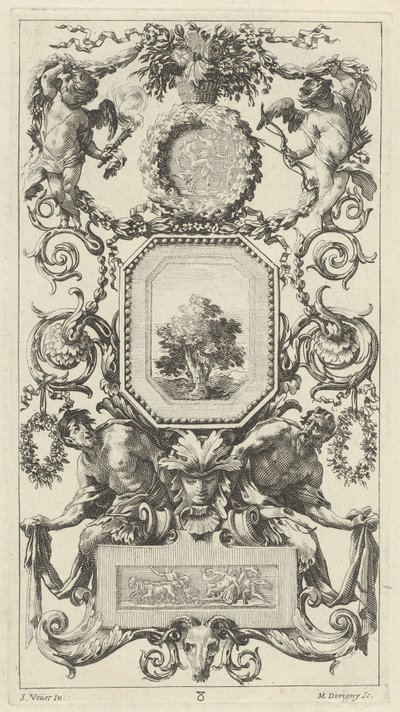 Ozdobny panel zwieńczony koszem kwiatów z kupidynem i błoną dziewiczą autorstwa Michel Dorigny, after Simon Vouet