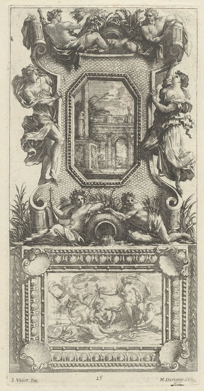 Ozdobny panel zwieńczony najady i rzecznego boga autorstwa Michel Dorigny, after Simon Vouet