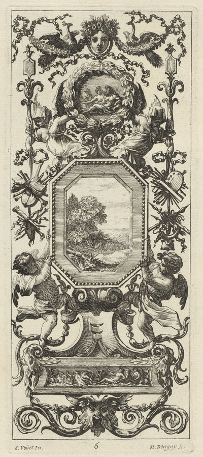 Ozdobny panel zwieńczony koronowaną głową kobiety i dwoma pawiami autorstwa Michel Dorigny, after Simon Vouet