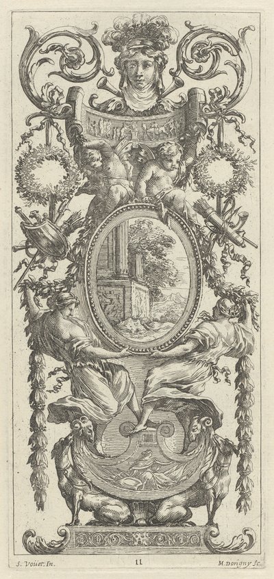 Ozdobny panel zwieńczony głową otoczoną przez liście autorstwa Michel Dorigny, after Simon Vouet