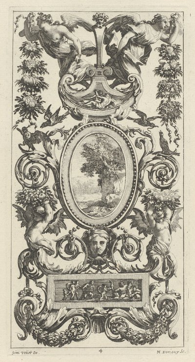 Ozdobny panel z patelnią i dwiema girlandami kobiet autorstwa Michel Dorigny, after Simon Vouet
