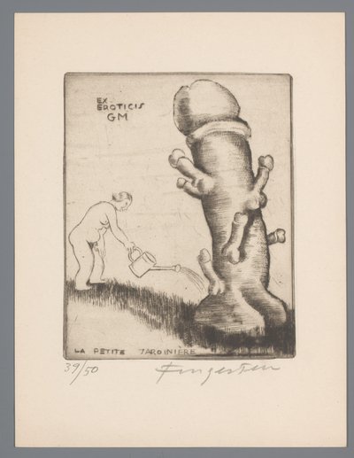 Ekslibris van Gianni Mantero Ex erotyka GM (tytuł na obiekcie) La petite jardinière (tytuł na obiekcie) autorstwa Michel Fingesten (signed by artist)