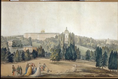 Widok na Carskie Sioło (Sankt Petersburg). Promenada cesarzowej Katarzyny II (1729-1796). (Widok na Carskie Sioło. Spacerująca cesarzowa Katarzyna II). Praca Michela Francois Damama Demartrait (1763-1827), rycina i akwarela. sztuka francuska autorstwa Michel Francois Damam Demartrait