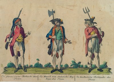 Francuski urzędnik pocztowy bez spodni, Marsili we Freikorps bez spodni i sprzedawca ryb Bankrutirter bez spodni, 1793 (kolorowa akwaforta) autorstwa Michel Hennin