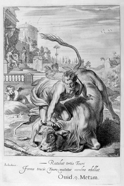 Achelos w kształcie byka zostaje pokonany przez Herkulesa, 1655 autorstwa Michel de Marolles