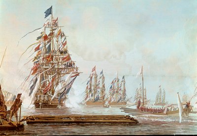 Skrzydło przedmurza, święto wydane w Tulonie hrabiemu Prowansji w lipcu 1777 w porcie Toulon Gwasz przez Michela Josepha dit Michel de Toulon (czynne w latach 1777-1792) 1777. Wersal, muzeum zamkowe autorstwa Michel de Toulon