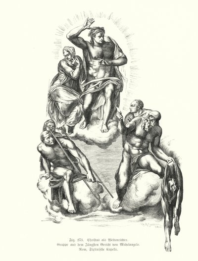 Chrystus Sędzia, fragment z Sądu Ostatecznego Michała Anioła, obraz na ścianie ołtarza Kaplicy Sykstyńskiej, Bazylika Św. Piotra, Rzym, Włochy (rycina) autorstwa Michelangelo (after) Buonarroti