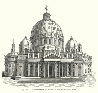 Widok projektu Michała Anioła na fasadę Bazyliki Św. Piotra, Rzym, Włochy (rycina) autorstwa Michelangelo (after) Buonarroti