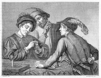 Oszuści. XIX-wieczny rycina przedstawiająca dzieło Caravaggia (il Caravaggio) około 1596 roku. autorstwa Michelangelo (after) Caravaggio