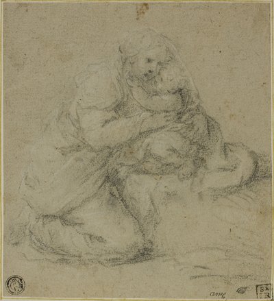 Klęcząca matka obejmująca dziecko autorstwa Michelangelo Anselmi