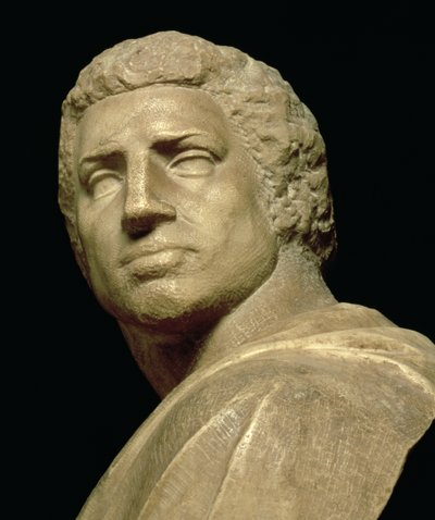 Brutus, fragment głowy z popiersia Michała Anioła Buonarrotiego 1475-1564, ok.1539-40 fragment marmuru z 79848 autorstwa Michelangelo Buonarroti