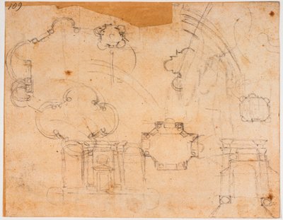 Plany budynku, elewacje i szkice kopuły kaplicy Sforzów autorstwa Michelangelo Buonarroti