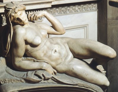 Świt (Aurora), z grobu Wawrzyńca Medyceusza autorstwa Michała Anioła (1475-1564), marmurowa rzeźba, Kaplica Medyceuszy kościoła San Lorenzo, Florencja, Toskania autorstwa Michelangelo Buonarroti