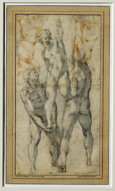 Dwóch nagich mężczyzn podnoszących trzeciego, ok. 1502-06 ... autorstwa Michelangelo Buonarroti
