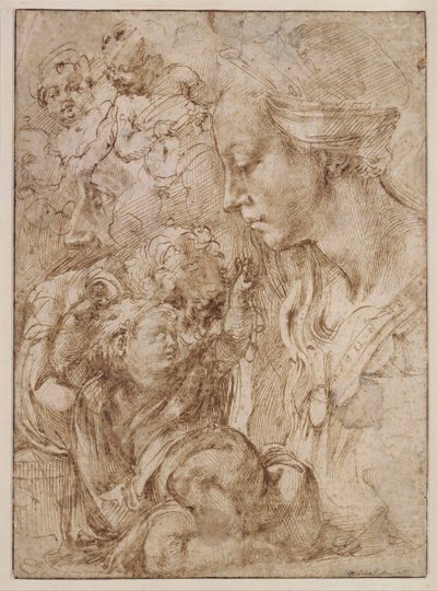 "Studia dla Świętej Rodziny z Janem Chrzcicielem jako Dzieciątkiem" (Studia dla Świętej Rodziny z Janem Chrzcicielem jako Dzieciątkiem) Rysunek Michelangelo Buonarroti (1475-1564) - 1505 - Pióro, pędzel, tusz indyjski na papierze wym. 28, 7x20 .9 cm Staatl autorstwa Michelangelo Buonarroti
