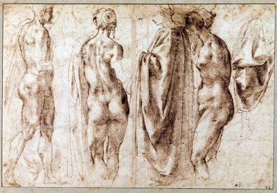 Grupa czterech stojących postaci i zasłona Rysunek piórem Michelangelo Buonarroti dit Michelangelo (Michelangelo lub Michel Ange autorstwa Michelangelo Buonarroti