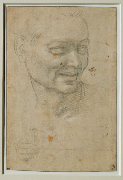 Głowa i prawa ręka Ignudo powyżej i na lewo od Izajasza autorstwa Michelangelo Buonarroti
