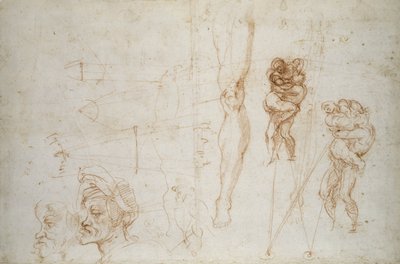 Hercules and Antaeus and other Studies, c.1525-28 (kreda na papierze) autorstwa Michelangelo Buonarroti