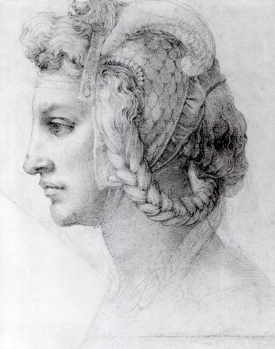 Idealna głowa kobiety, ok. 1525-28 (czarna kreda na papierze) autorstwa Michelangelo Buonarroti