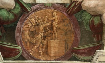 Medalion przedstawia Zniszczenie Posągu Boga Baala..., 1508-1512. autorstwa Michelangelo Buonarroti