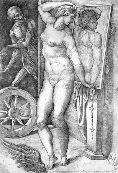 Akt patrzący na siebie w lustrze, nadruk wykonany przez Monogrammist autorstwa Michelangelo Buonarroti