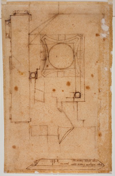 Przekrój kapitału, plan fasady i szkice z autografami pomiarów autorstwa Michelangelo Buonarroti